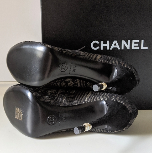 CHANEL Black Lace Up Mesh Pearl Heels Booties 39.5 - Picture 8 of 13